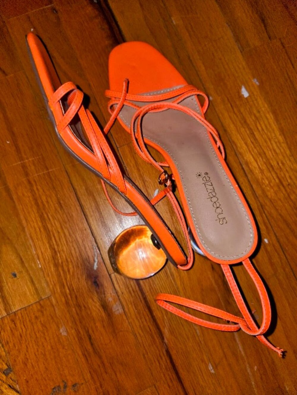 Orange Strappy Kitten Heels Clear Acrylic Circle Ball Sphere Glass Sandal 8